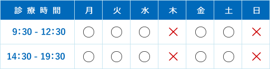 診療時間 休診：水曜・日曜 土曜は18:30まで